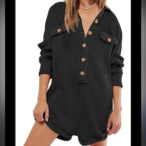 “The Gia”Black heavy waffle  Knit long sleeve loose fit shorts jumper romper